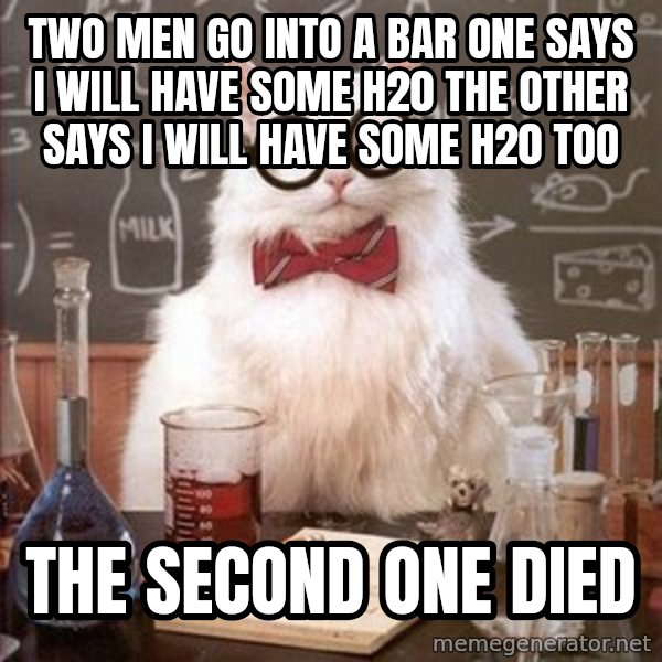 Chemistry Cat meme: two men go into a bar one says i will have some h20 the other says i will have some h20 too / the second one died