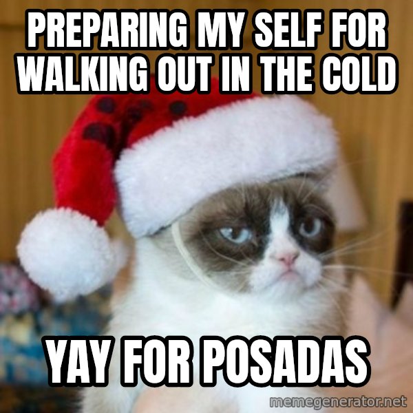 Grumpy Cat Santa Hat meme: Preparing my self for walking out in the cold / yay for posadas