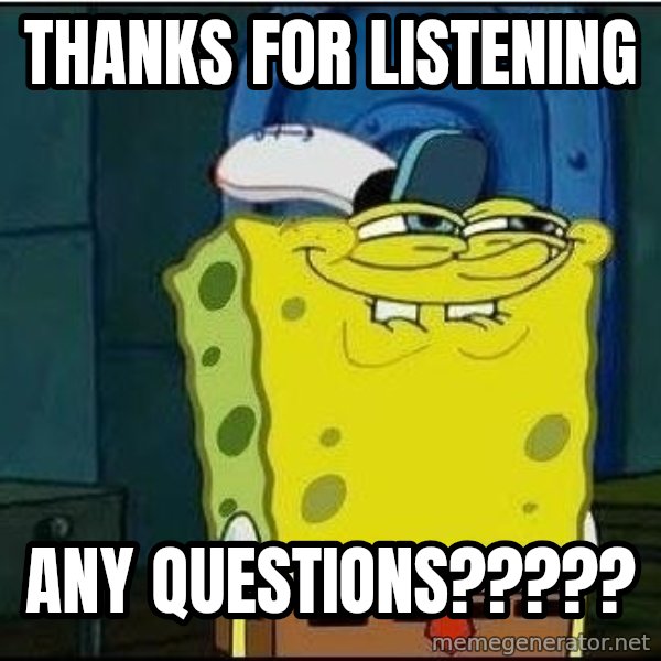 Spongebob Face meme: Thanks For Listening / Any Questions?????