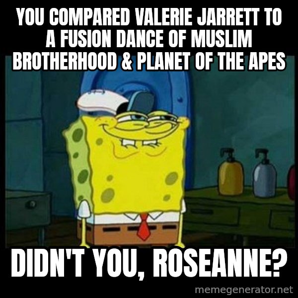 Don't you, Squidward? meme: You compared Valerie Jarrett to a fusion dance of Muslim Brotherhood & Planet of the Apes / Didn't you, Roseanne?