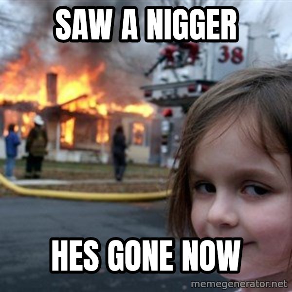 Disaster Girl meme: SAW A NIGGER / HES GONE NOW