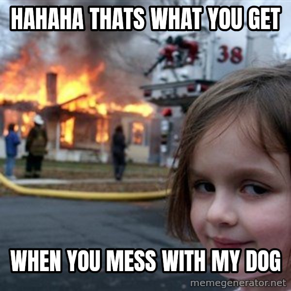 Disaster Girl meme: HAHAHA thats what you get / when you mess with my dog