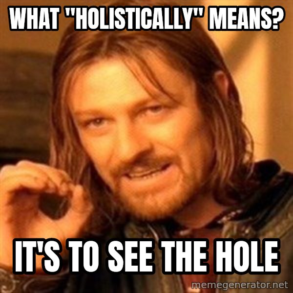 One Does Not Simply meme: What "holistically" means? / It's to see the hole