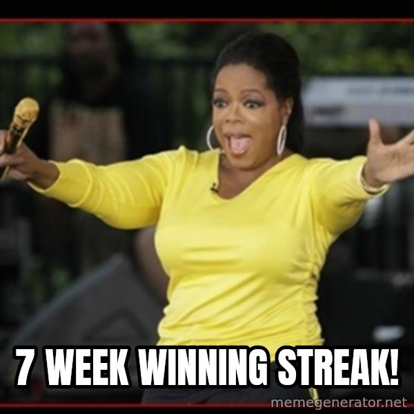 Overly-Excited Oprah!!!  meme: 7 week winning streak!