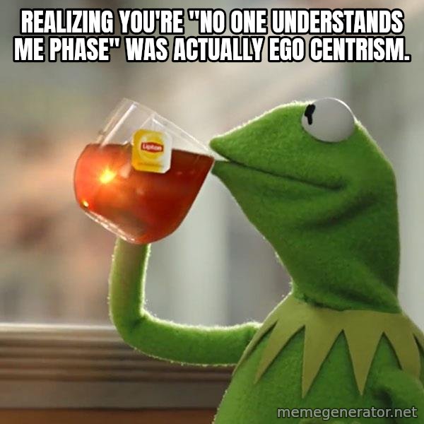 Kermit The Frog Drinking Tea meme: realizing you're "no one understands me phase" was actually ego centrism.