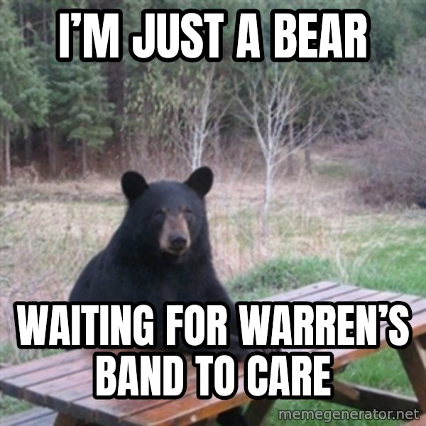 Patient Bear meme: I’m just a bear / Waiting for warren’s band to care