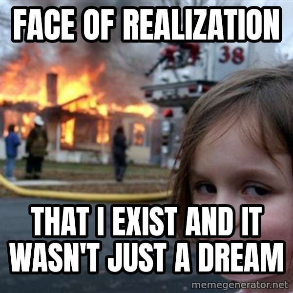 Disaster Girl meme: Face of realization / that I exist and it wasn't just a dream