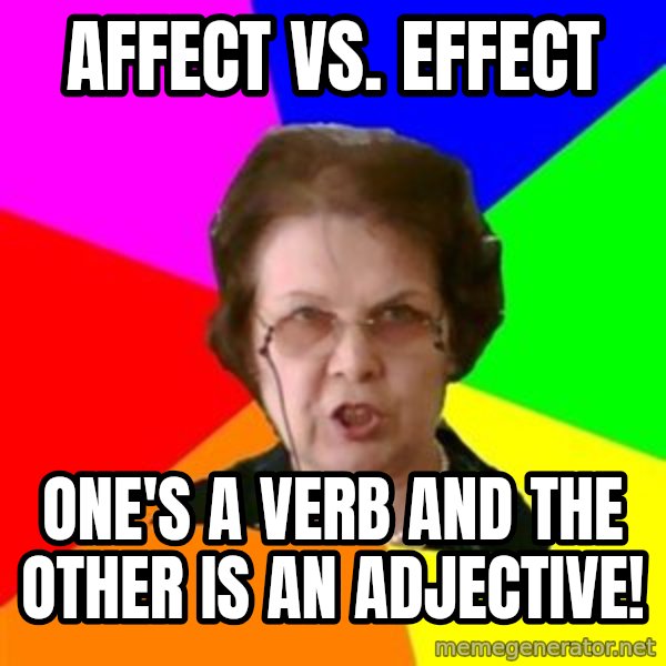 teacher meme: Affect vs. Effect / One's a verb and the other is an adjective!