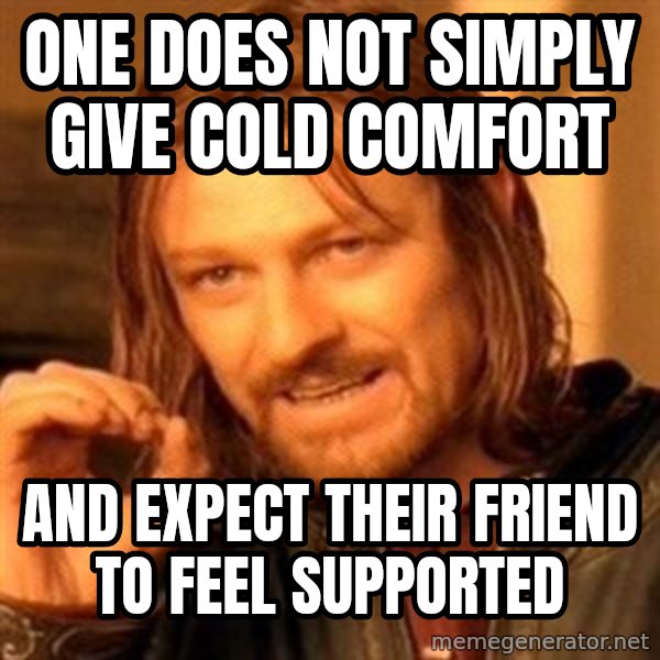 One Does Not Simply meme: One does not simply give cold comfort / and expect their friend to feel supported