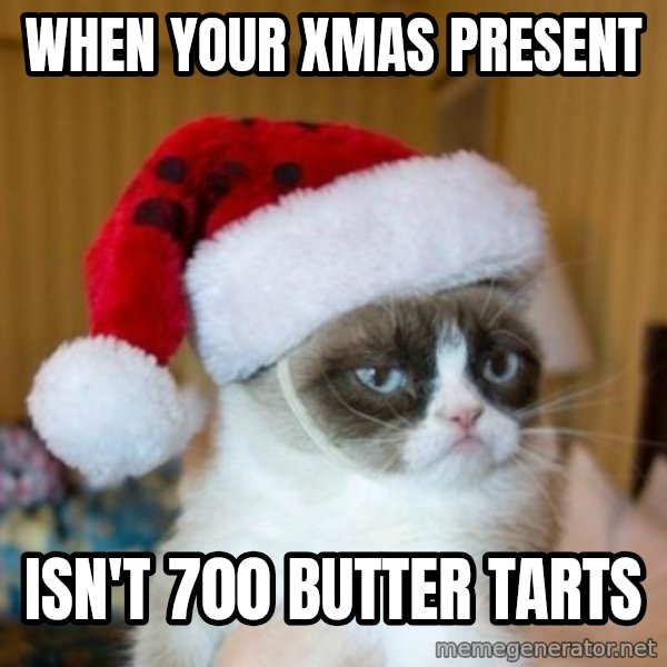 Grumpy Cat Santa Hat meme: When your xmas present / isn't 700 butter tarts