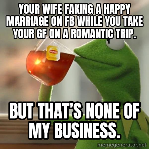 Kermit The Frog Drinking Tea meme: Your wife faking a happy marriage on fb while you take your gf on a romantic trip. / But that’s none of my business.