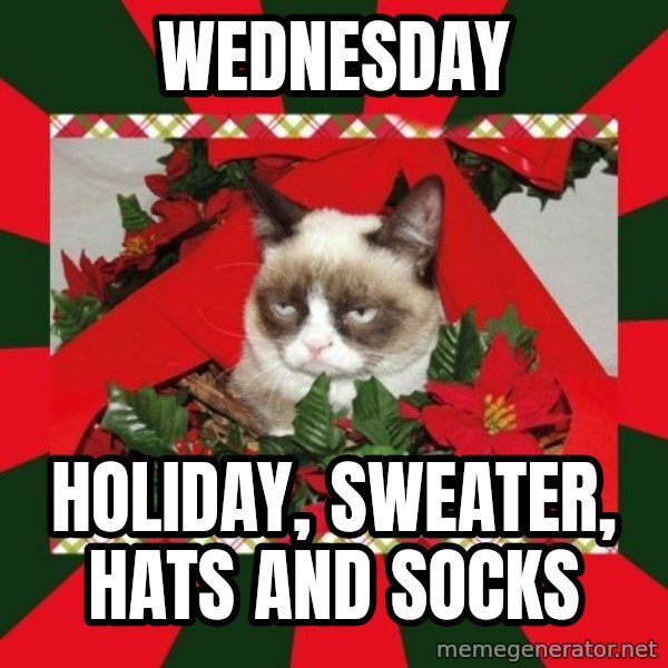 GRUMPY CAT ON CHRISTMAS meme: Wednesday / Holiday, Sweater, Hats and Socks