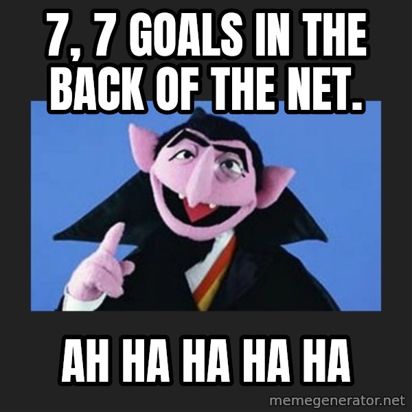 The Count from Sesame Street meme: 7, 7 goals in the back of the net. / Ah ha ha ha ha
