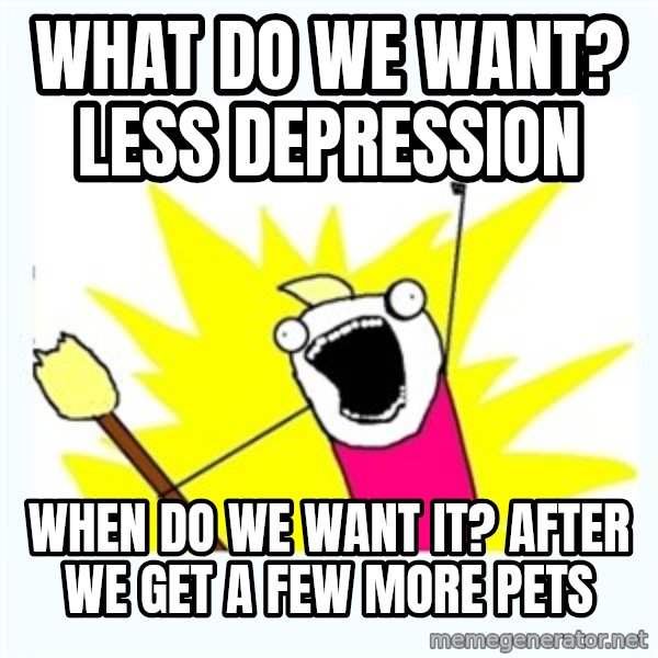 All the things meme: What do we want? LESS DEPRESSION / When do we want it? AFTER WE GET A FEW MORE PETS