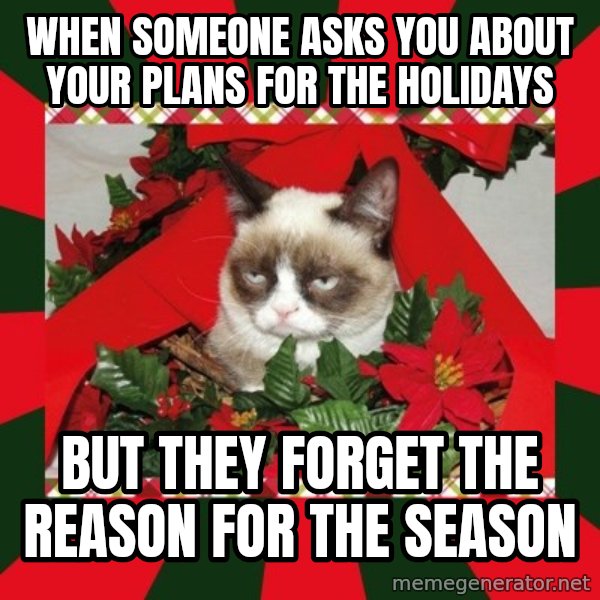 GRUMPY CAT ON CHRISTMAS meme: When someone asks you about your plans for the holidays / But they forget the reason for the season