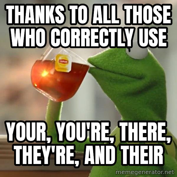 Kermit The Frog Drinking Tea meme: Thanks to all those who correctly use / Your, You're, There, They're, and their