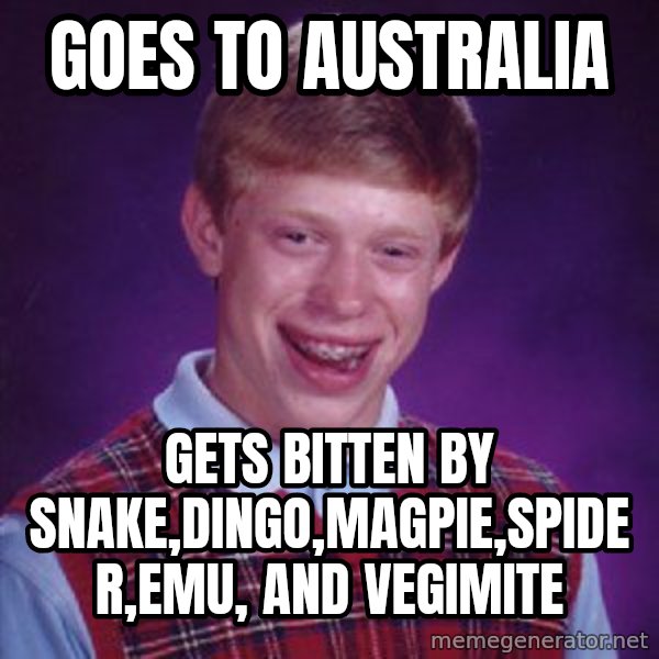 Bad Luck Brian meme: goes to australia / gets bitten by snake,dingo,magpie,spider,emu, and vegimite