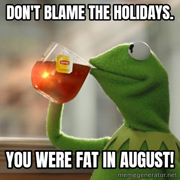 Kermit The Frog Drinking Tea meme: Don't blame the holidays. / You were fat in August!