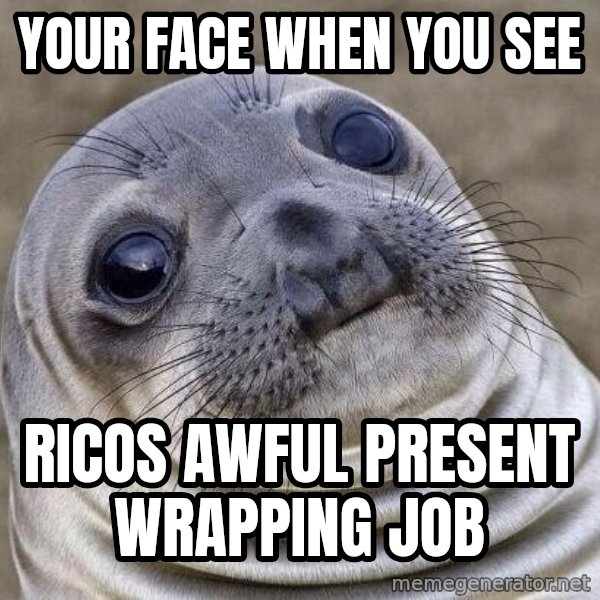 Awkward Seal meme: Your Face when you see / Ricos awful present wrapping job