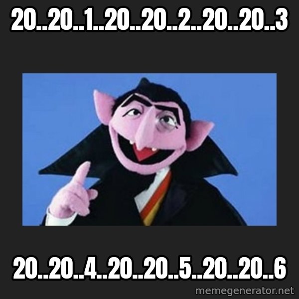 The Count from Sesame Street meme: 20..20..1..20..20..2..20..20..3 / 20..20..4..20..20..5..20..20..6