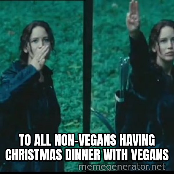 Hunger Games Katniss Salute meme: To all non-vegans having christmas dinner with vegans