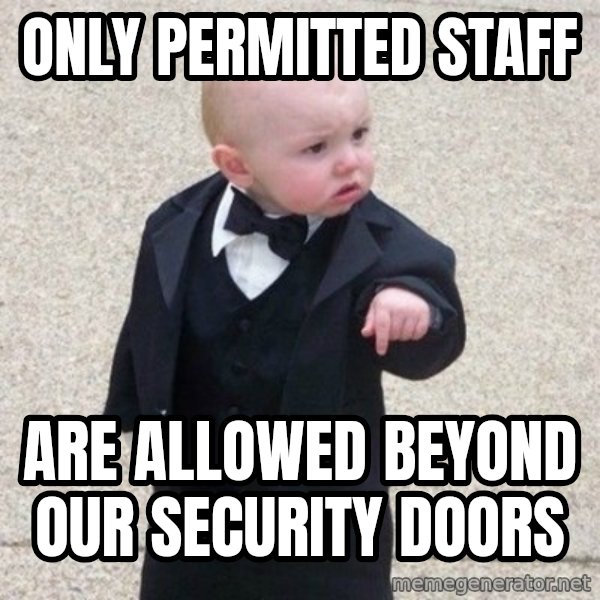 Mafia Baby meme: only permitted staff / are allowed beyond our security doors