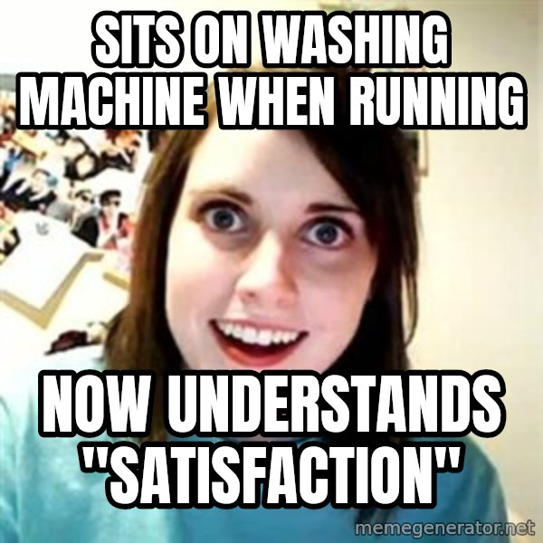 Overly Attached Girlfriend meme: sits on washing machine when running / now understands "satisfaction"