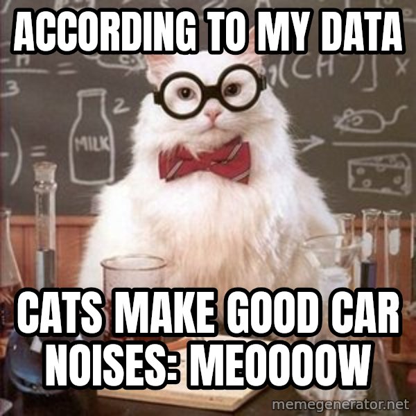 Chemistry Cat meme: According to my data / Cats make good car noises: MEOOOOW