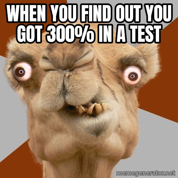 Crazy Camel lol meme: When you find out you got 300% in a test