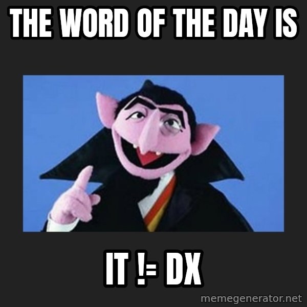 The Count from Sesame Street meme: The word of the day is / IT != DX