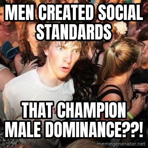 Sudden Realization Ralph meme: Men created social standards / that champion male dominance??!