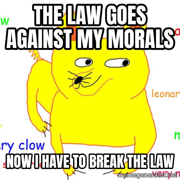 Grumpy Cat  meme: the law goes against my morals / now I have to break the law