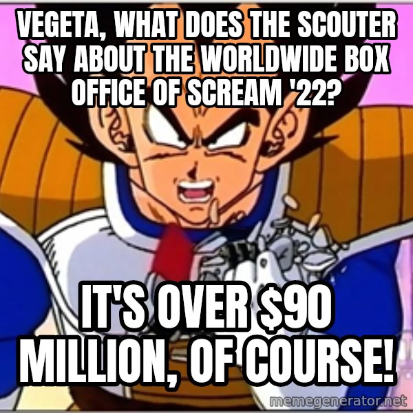 Over 9000 meme: Vegeta, what does the scouter say about the worldwide box office of Scream '22? / It's over $90 million, of course!