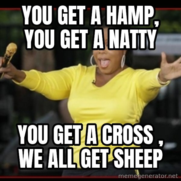 Overly-Excited Oprah!!!  meme: You get a Hamp, You get a Natty / You get a Cross , We all get sheep
