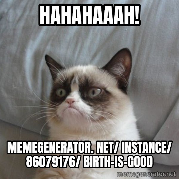 Grumpy cat good meme: Hahahaaah! / memegenerator. net/ instance/ 86079176/ birth-is-good