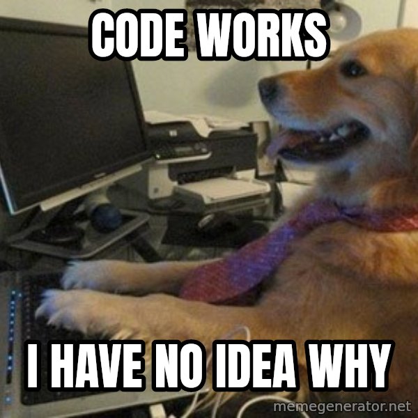 I have no idea what I'm doing - Dog with Tie meme: code works / I have no idea why