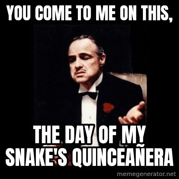 The Godfather meme: You come to me on this, / the day of my snake's quinceañera