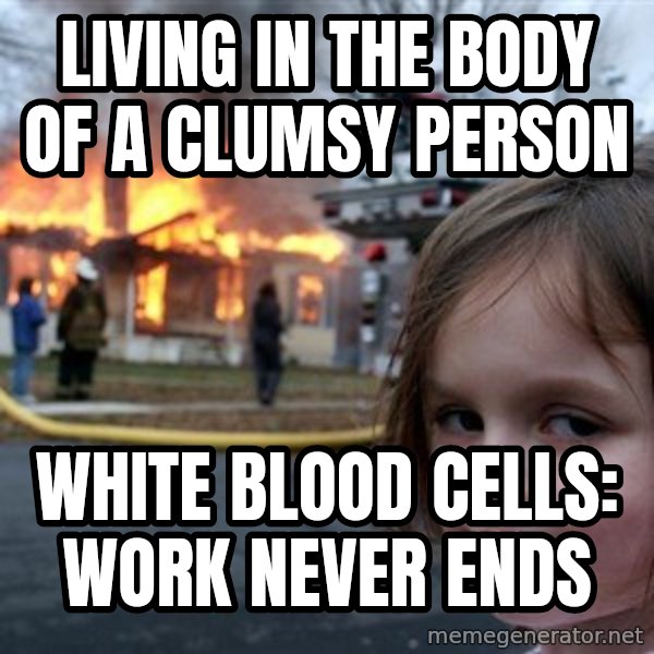Disaster Girl meme: living in the body of a clumsy person / white blood cells: work never ends
