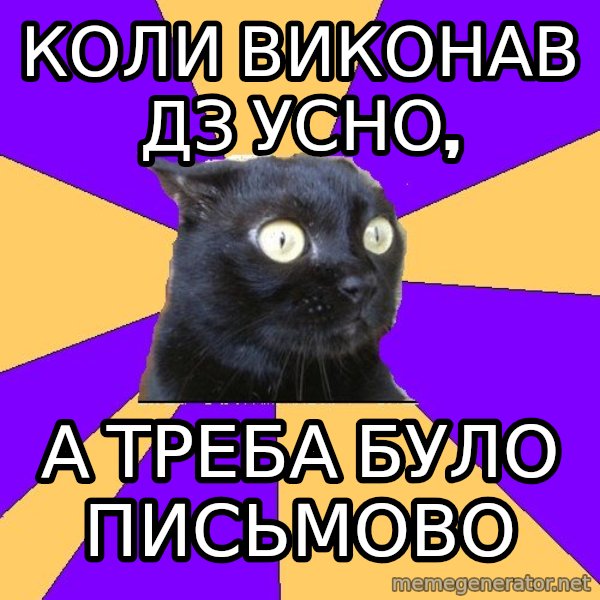 Anxiety Cat meme: коли виконав дз усно, / а треба було письмово