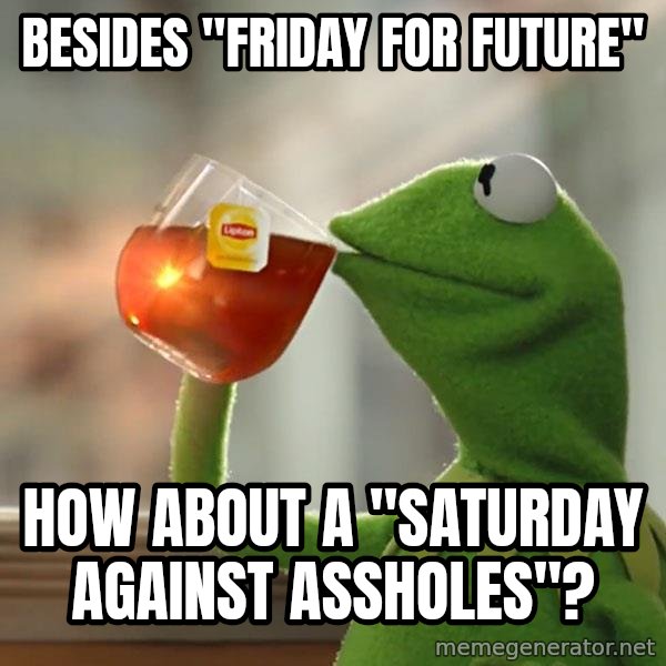 Kermit The Frog Drinking Tea meme: Besides "Friday For Future" / How about a "Saturday Against Assholes"?