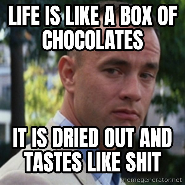 forrest gump meme: life is like a box of chocolates / it is dried out and tastes like shit