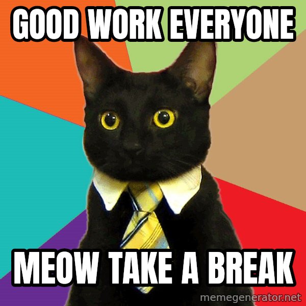 Business Cat meme: Good work everyone / Meow take a break