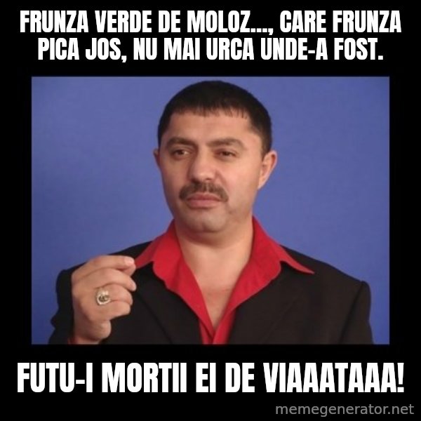 Manelistul Nicolae Guta meme: Frunza verde de moloz..., Care frunza pica jos, nu mai urca unde-a fost. / Futu-i mortii ei de viaaataaa!