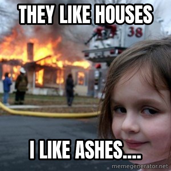 Disaster Girl meme: They like houses / i like ashes....