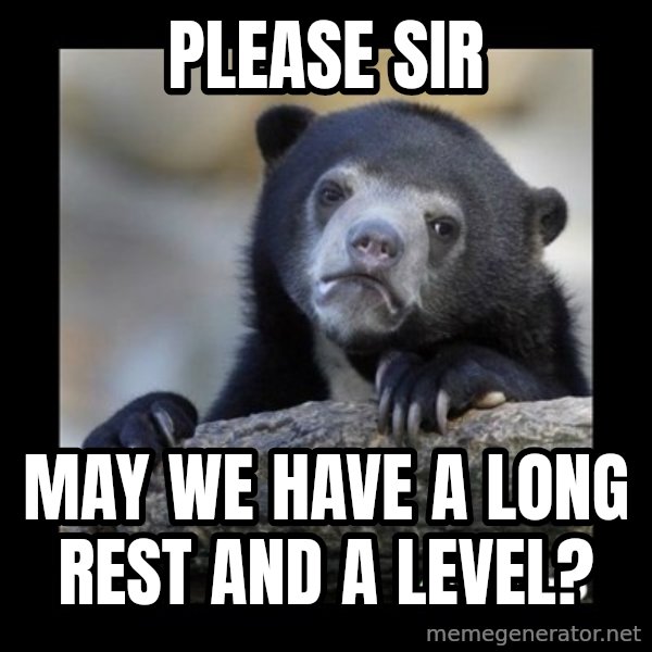 sad bear meme: Please sir / May we have a long rest and a level?