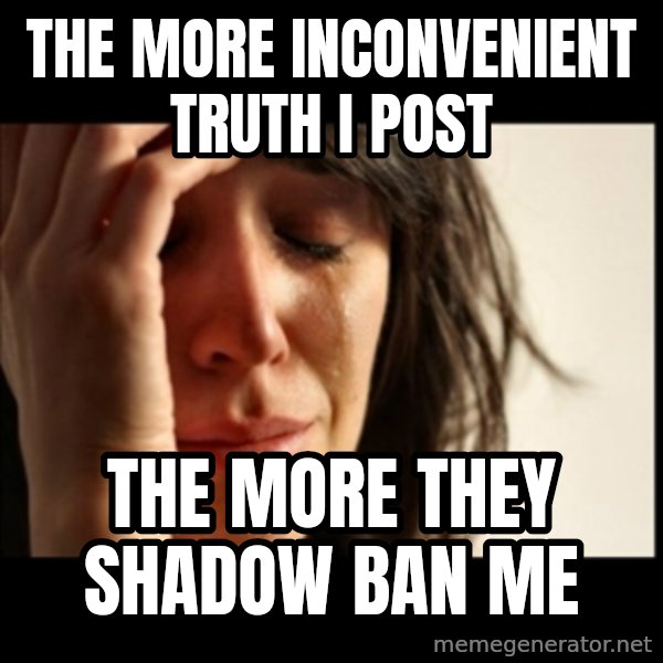 First World Problems meme: The More Inconvenient Truth I Post / The More They Shadow Ban Me