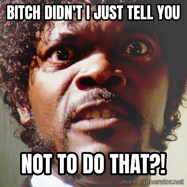 Mad Samuel L Jackson meme: BITCH Didn't I just tell you / NOT TO DO THAT?!