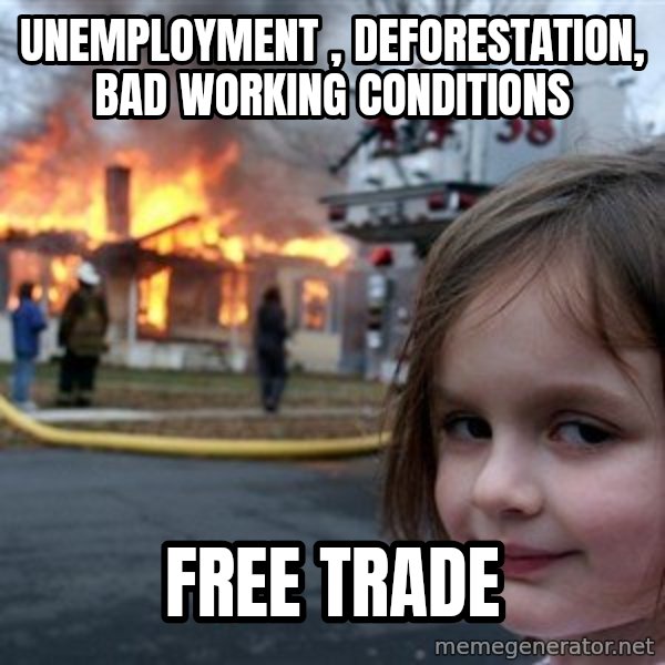 Disaster Girl meme: unemployment , deforestation, bad working conditions / Free trade