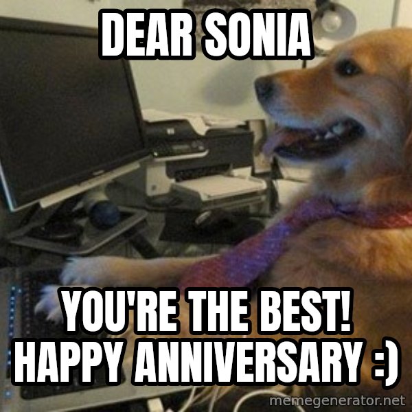 I have no idea what I'm doing - Dog with Tie meme: Dear Sonia / You're the BEST!                 Happy Anniversary :)