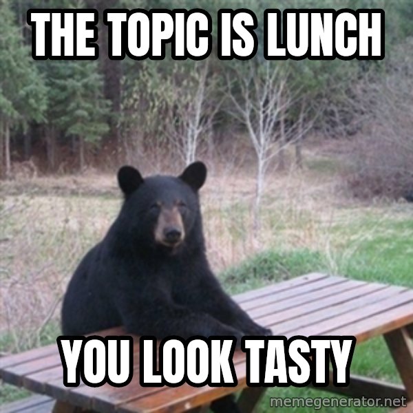 Patient Bear meme: The topic is lunch / You look tasty